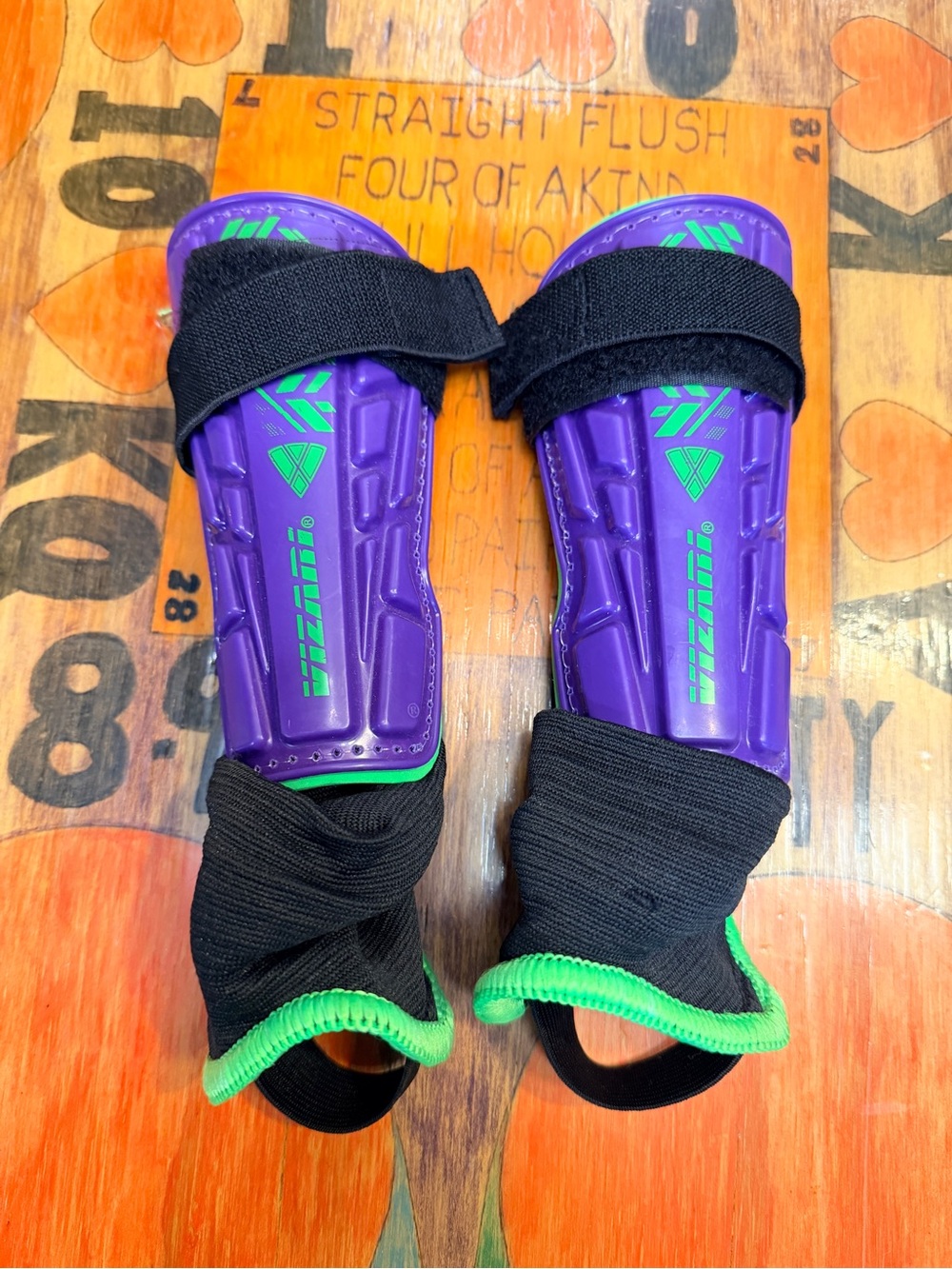 Vizari Purple Green Soccer Shin Guards Kids Youth Hook & Loop Adjustable Straps